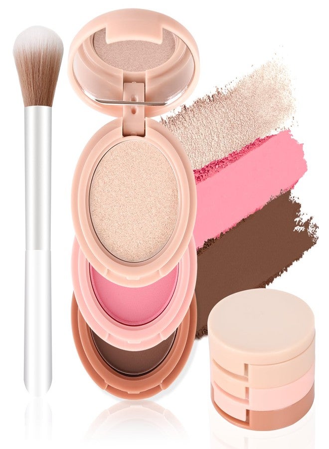 KYDA 3 Colors Contour Blush Highlighter Makeup Palette, All In One Make Up Kit-Blush,Highlighter and Contou Powder Palette, with Brush, Travel Size Stacked Make Up, Face Blusher for Women-01 - Image 1